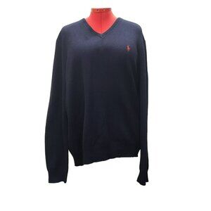 Ralph Lauren Polo Navy Blue V-Neck Sweater XL 100% Lambs Wool Mens Italian Yarn
